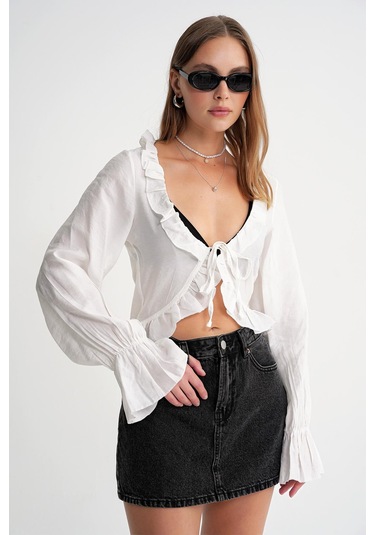 4712 Kadın Volanlı Modal Bolero Bluz Beyaz Beyaz