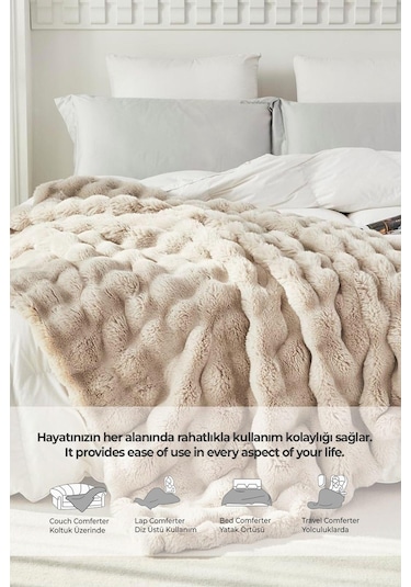 Kürk Yatak Örtüsü Seti Tek Kişilik Peluş Yumuşak Yorgan Wellsoft 2 Parça Loria Bej