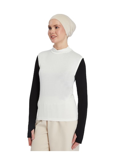 Organik Kolsuz Balıkçı Yaka Likralı Kadın Sıfır Kol Body Ekru