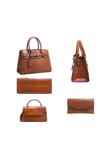 Wondernest Çapraz Desenli Timsah Baskı Tote Çanta 3'ü 1 Arada, Büyük Kapasiteli Kahverengi Kahverengi