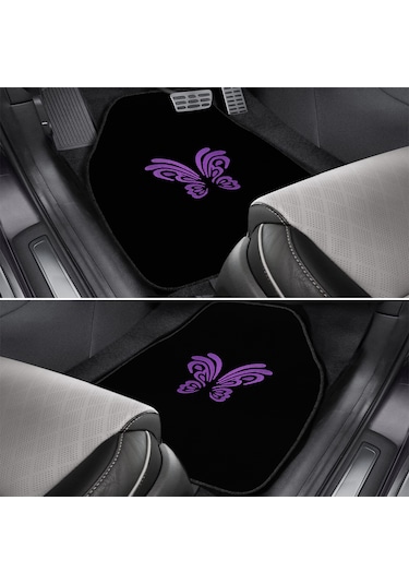 Kelebek Desenli Mor Nakışlı 5 Parça Siyah Oto Halı Paspas Seti Kadın Sürücülere Özel Şık Tasarım