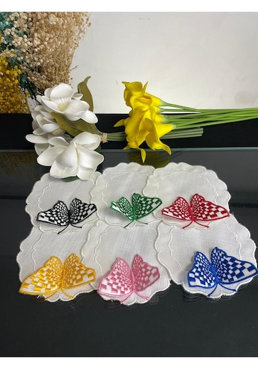 Plt Design 6'lı 3 Boyutlu Kelebek Desenli Nakış Işleme Keten Çay,kokteyl Ve Kahve Yanı Sunum Peçetesi Şeffaf