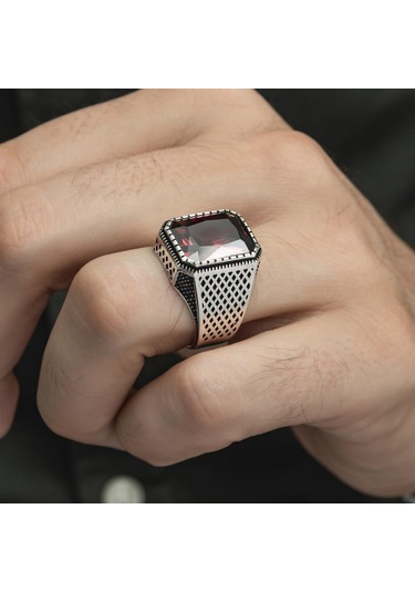 Kare Kırmızı Taşlı 925 Gümüş Erkek Yüzük