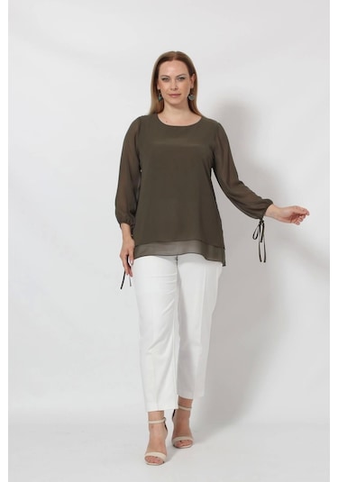 3243-1 Haki Kol Ucu Bağlama Detaylı Bluz Haki