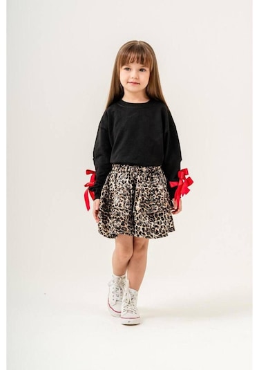 Kız Çocuk Fiyonk Detaylı Sweatshirt Leopar Desenli Etek Takım Siyah