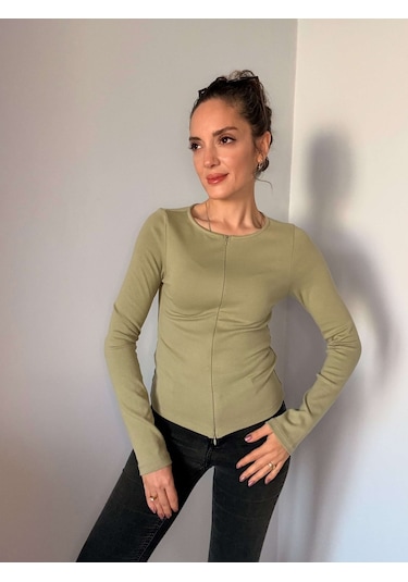 Ali Butik Çağla Çift Fermuarlı Uzun Kollu Bluz Çağla
