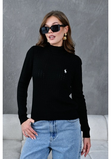 Kadın Dik Yaka Saç Örgü Nakış Detaylı Triko Kazak Siyah