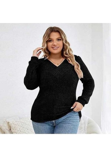 Tongxida Sonbahar-kış Kadın Uzun Kollu V Yaka Çukur Kazak Siyah, Büyük Beden, El/makine Yıkama Siyah