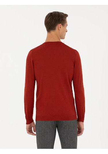 Cacharel Koyu Kiremit Slim Fit Bisiklet Yaka Triko Kazak Kırmızı