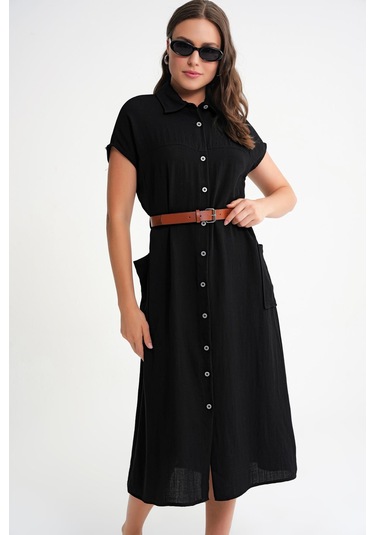 4453 Kadın Keten Cepli Midi Kemerli Elbise Siyah Siyah