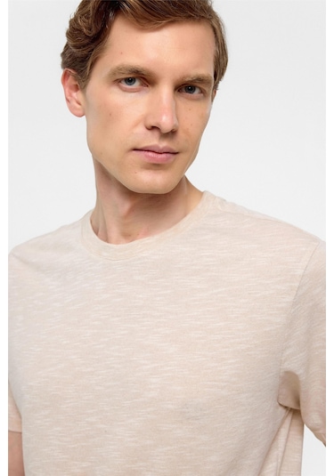 SÜVARİ Ekru Regular Armürlü Bisiklet Yaka Tişört-38303 Ekru