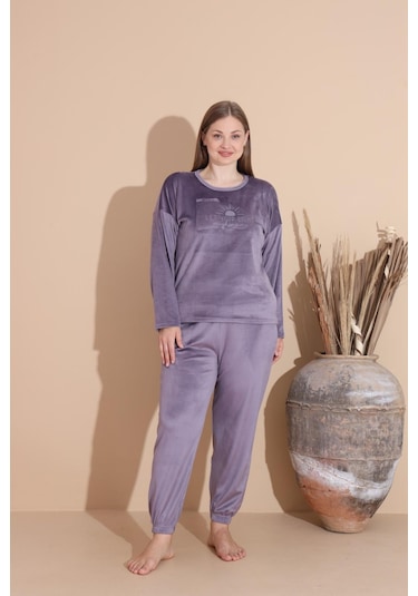 Boyraz Kadın Kışlık Fransız Kadife Büyük Beden Bisiklet Yaka Uzun Kol Pijama Takımı 03139 - 1 Adet Açık Mor