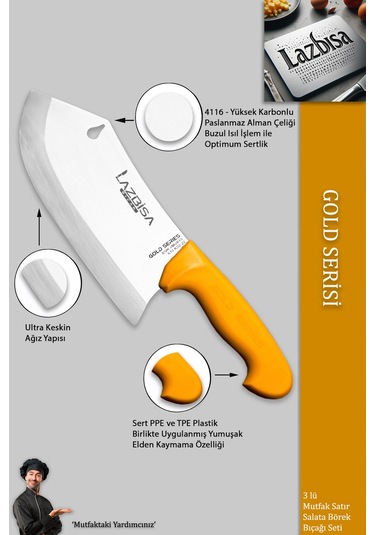 Lazbisa Mft-002 Gold Serisi Pide Börek Mutfak Bıçağı Salata Pizza Bıçak Kıyma Et Satırı Doğrama 3 Lü Set Sarı