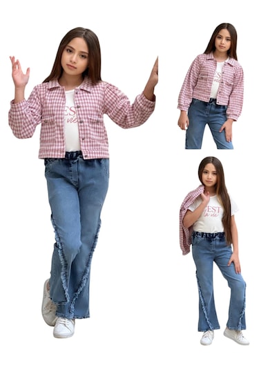 Kız Çocuk Kazayağı Desenli Pantolonu Püskül Detaylı Ceketli Takım Çok Renkli