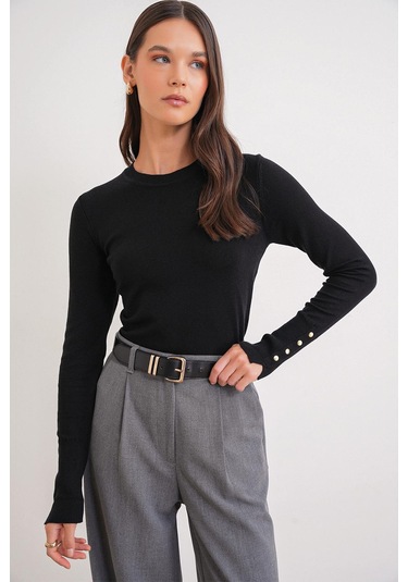 6736 Kadın Bisiklet Yaka Kolu Droplu Triko Kazak Siyah Siyah