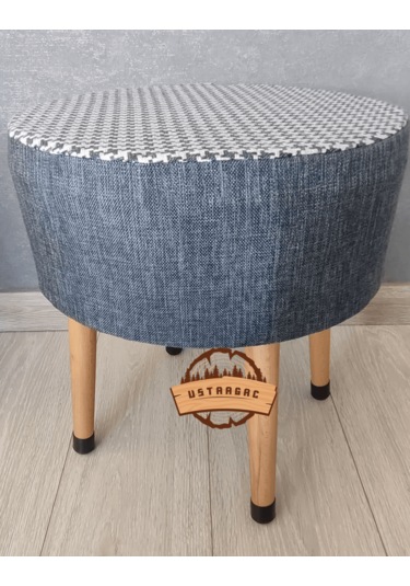 Puf Koltuk Tabure - Lacivert Keten Örme Kaz Ayağı - Ahşap Gürgen