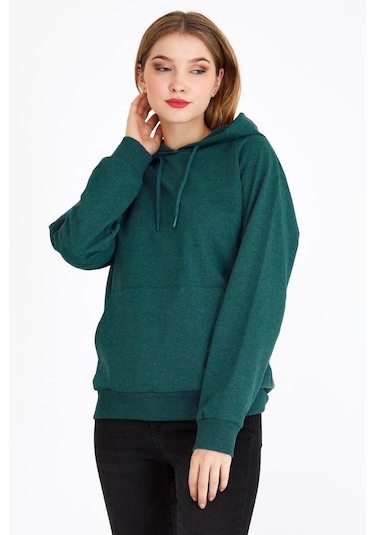 Comeor Kadın Yeşil Basic Kapüşonlu Regular Fit Rahat Sweatshirt 001