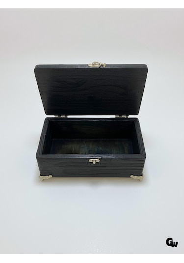 Doğal Ahşap Hareli Takı Kutusu Ahşap Saklama Kutusu Beyaz Çam Antrasit Boy:20cm En:12cm Yük:8cm