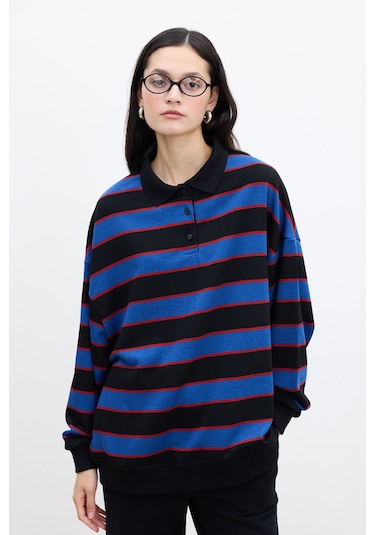 Polo Yaka Oversıze Sweatshırt Mavi Mavi