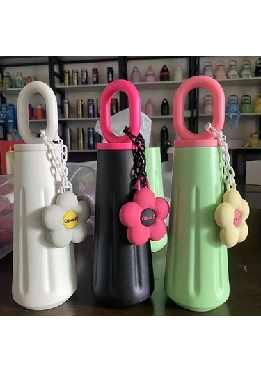 Besthome1 Paslanmaz Çelik Spor Termos Şişesi, Kulplu Yaratıcı Siyah Siyah