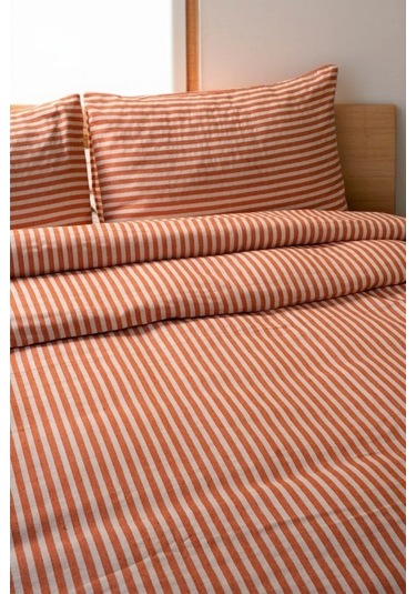 Turuncu Çizgili Keten Nevresim Yastık Seti 200x220 Cm Renkli