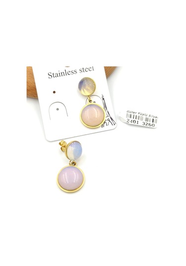 Çelik İkili Yuvarlak Lila Taşlı Sallantılı Küpe