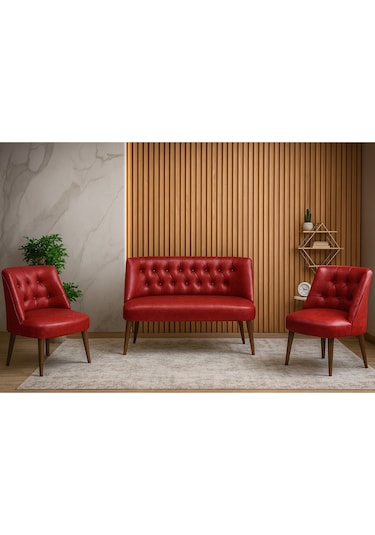 Milano 3 Lü Deri Oturma Grubu 2 Berjer + 1 İkili Koltuk Ofis & Ev Kullanımı Kırmızı Kırmızı
