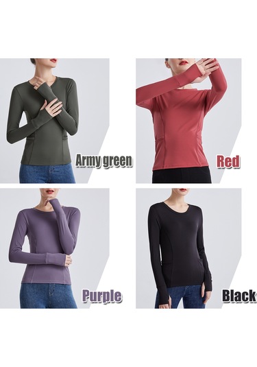 Jeemson Kadın Yoga Üstü - Rahat Nefes Alabilen Uzun Kollu Spor Tişört Ordu Yeşili