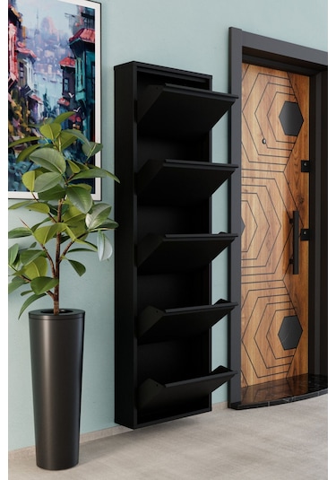 5 Kapaklı Metal Ayakkabılık Siyah Siyah