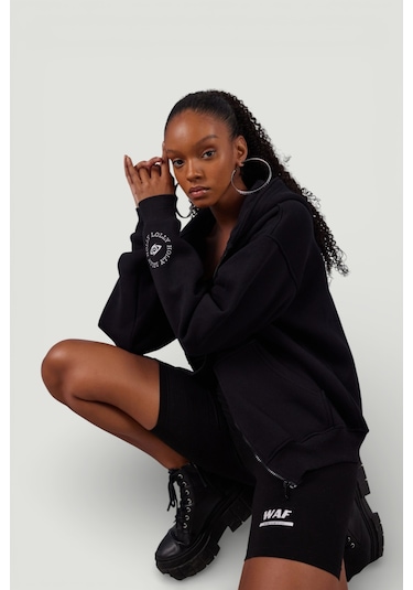 Holly Lolly Uzun Kol Kapüşonlu Fermuar Kapamalı Hoody Sweatshirt Siyah