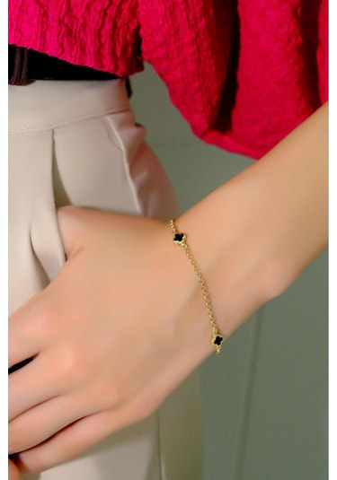14 Ayar Yonca Siyah Mineli Bileklik Sarı Altın
