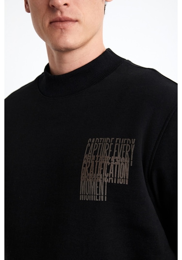 Chasey Erkek Organik Pamuklu Dik Yaka Içi Polarlı Baskılı Siyah Sweatshirt