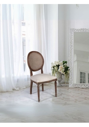 Madalyon Hazeranlı Ahşap Klasik Sandalye Ceviz - Krem