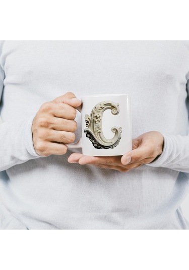 C Harfi Bardak, Monogram 330 Ml Barok Oymalı Görünüm Beyaz