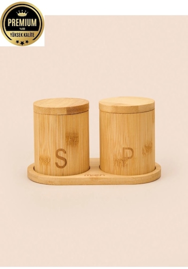 Mien 2'li Mıknatıslı Çevir Aç Kapak Bambu Standlı Kavanoz Baharatlık Seti 858 Ahşap