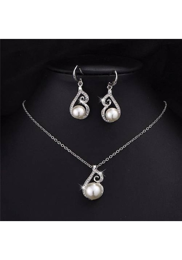 Pırlanta İşlemeli İnci Takı Seti Kolye Küpe, Sevgililer Günü