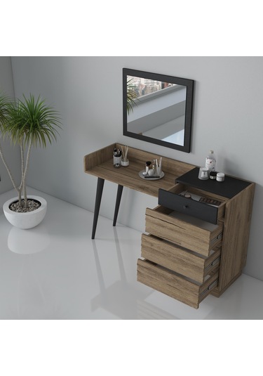 Della Premium Panjur Desenli 4 Çekmeceli Makyaj Masası - Minifiks - Pera / Siyah Beyaz