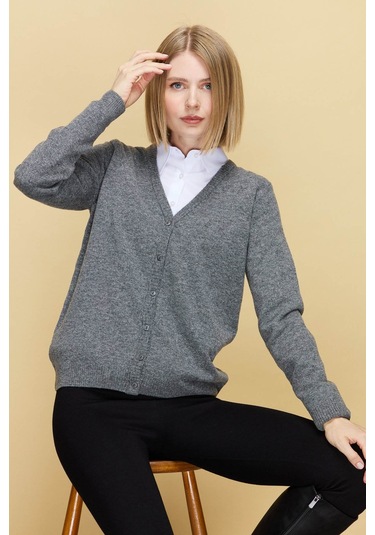Desen Triko Kadın V Yaka Yün Hırka 21021 Füme