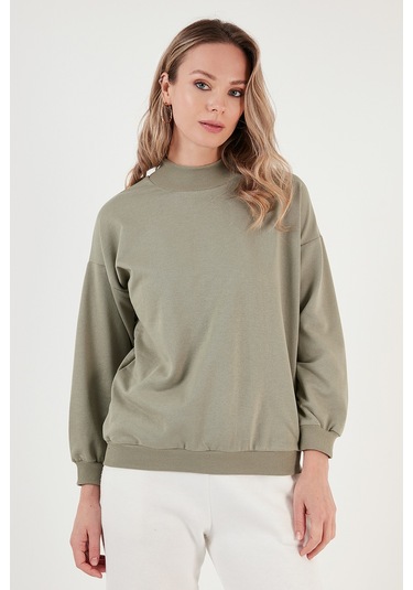 Lela Pamuklu Dik Yaka Basic Örme Bayan Sweat 5863323 Olive