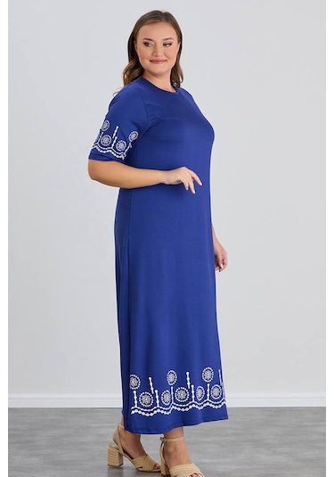 Wearon Kadın Aysar Kısa Kol Baskılı İki İp Boydan Mavi Elbise Mavi