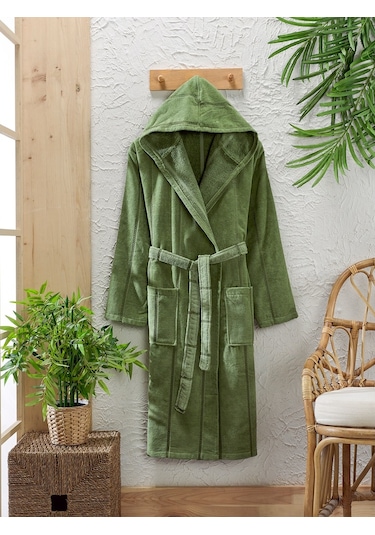 Pamuklu Kadife Kapüşonlu Unisex Mürdüm Bornoz
