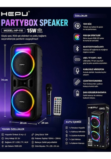 Hepu Hp-118 8 İnç Bluetooth Partybox Hoparlör - 15w Işıklı, Mikrofonlu Ses Sistemi