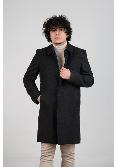 Yakalı Klasik Kesim Düğmeli Uzun Kaşe Erkek Kaban Antrasit