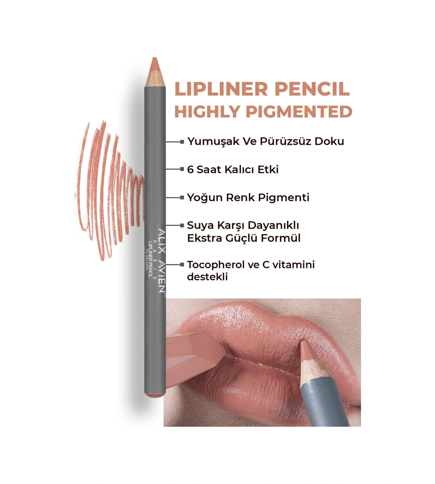 Alix Avien Uzun Süre Kalıcı Dağılma Yapmayan Nemlendirici Dudak Kalemi Lipliner Pencil 04 Salmon