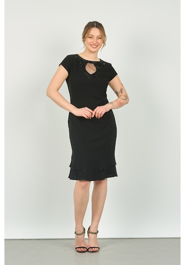 Vals Kadın Bisiklet Yaka Pencere Detaylı Etek Ucu Fırfırlı Araboy Abiye Elbise 23-117 Siyah