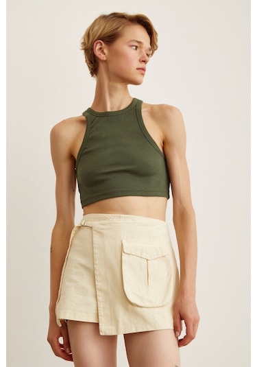 Never More Kemer Detaylı Şort Etek Krem