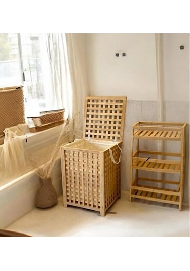 Büyük Boy Ahşap Bambu Kirli Sepeti 45x45x62 Diğer