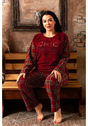Nisanca Büyük Beden Peluş Polar Pijama Takımı- Kışlık Büyük Beden Kadın Pijama Bordo