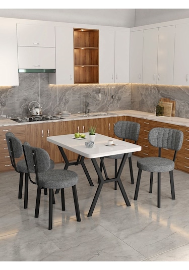 Azra 70x110cm Beyaz Mutfak Masası, Mutfak Masası Takımı, Yemek Masası, 4 Koyu Gri Sandalye Koyu Gri