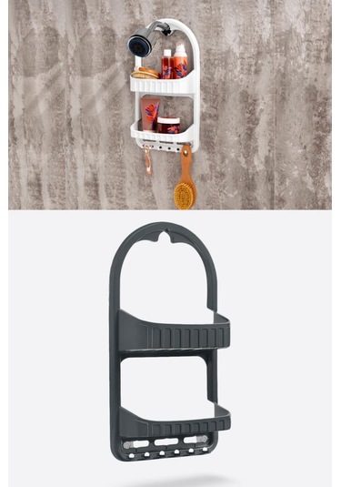 Flosoft 2 Raflı Şampuanlık, Duşa Asılabilir Vantuzlu Banyo Şampuan Sabun Kozmetik Düzenleyici Füme